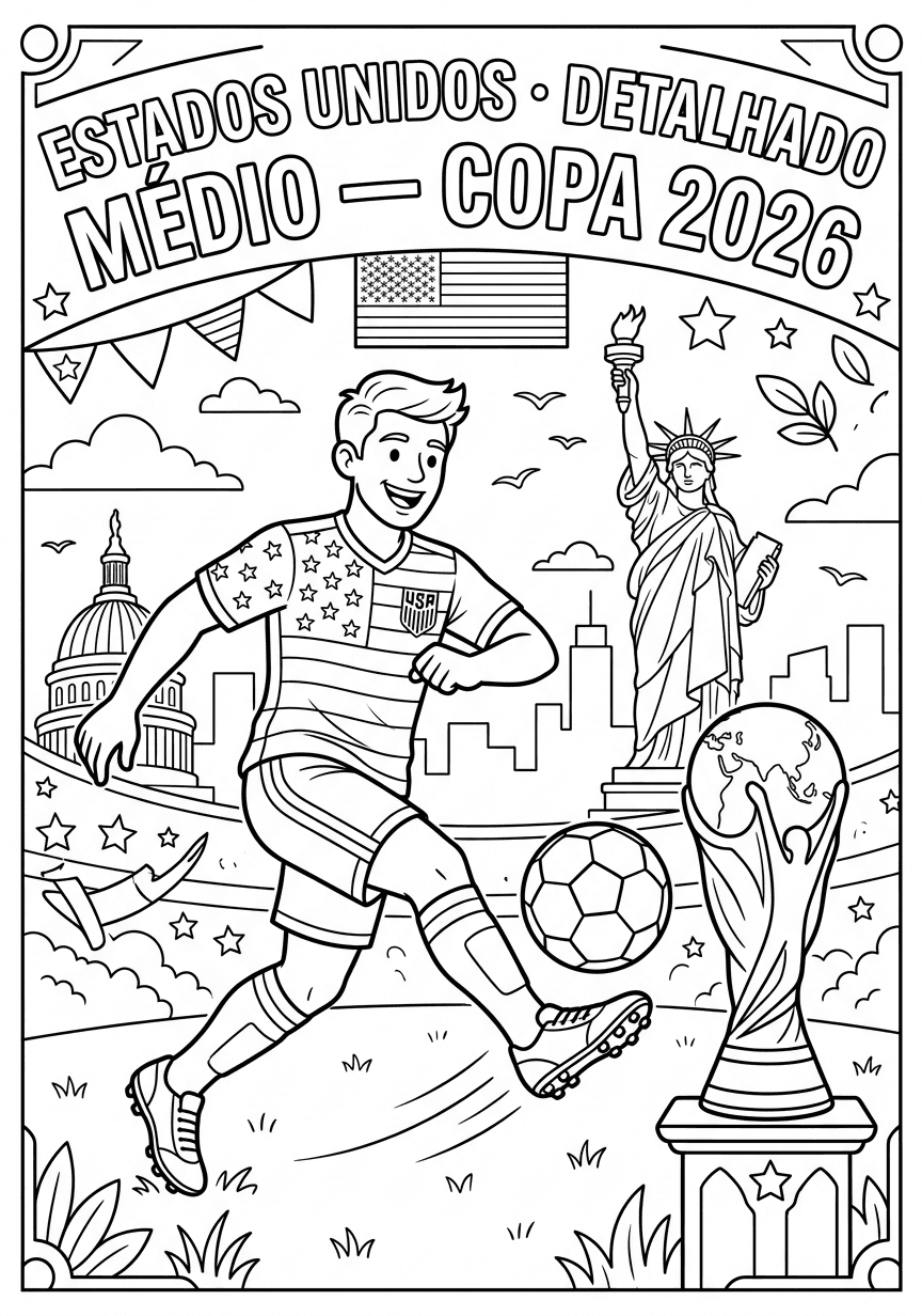 Capa do livro de colorir Estados Unidos · Detalhado Médio — Copa 2026