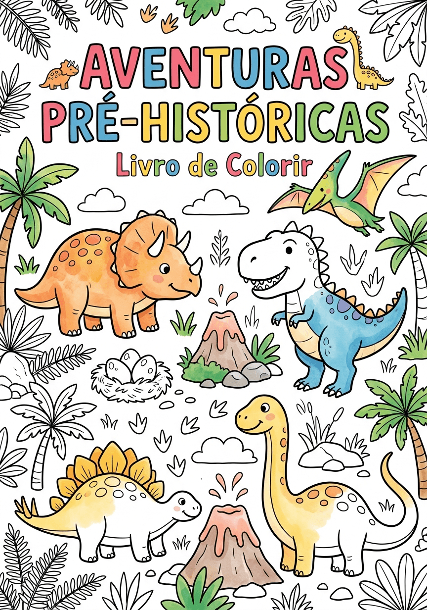 Capa do livro de colorir Aventuras Pré-Históricas