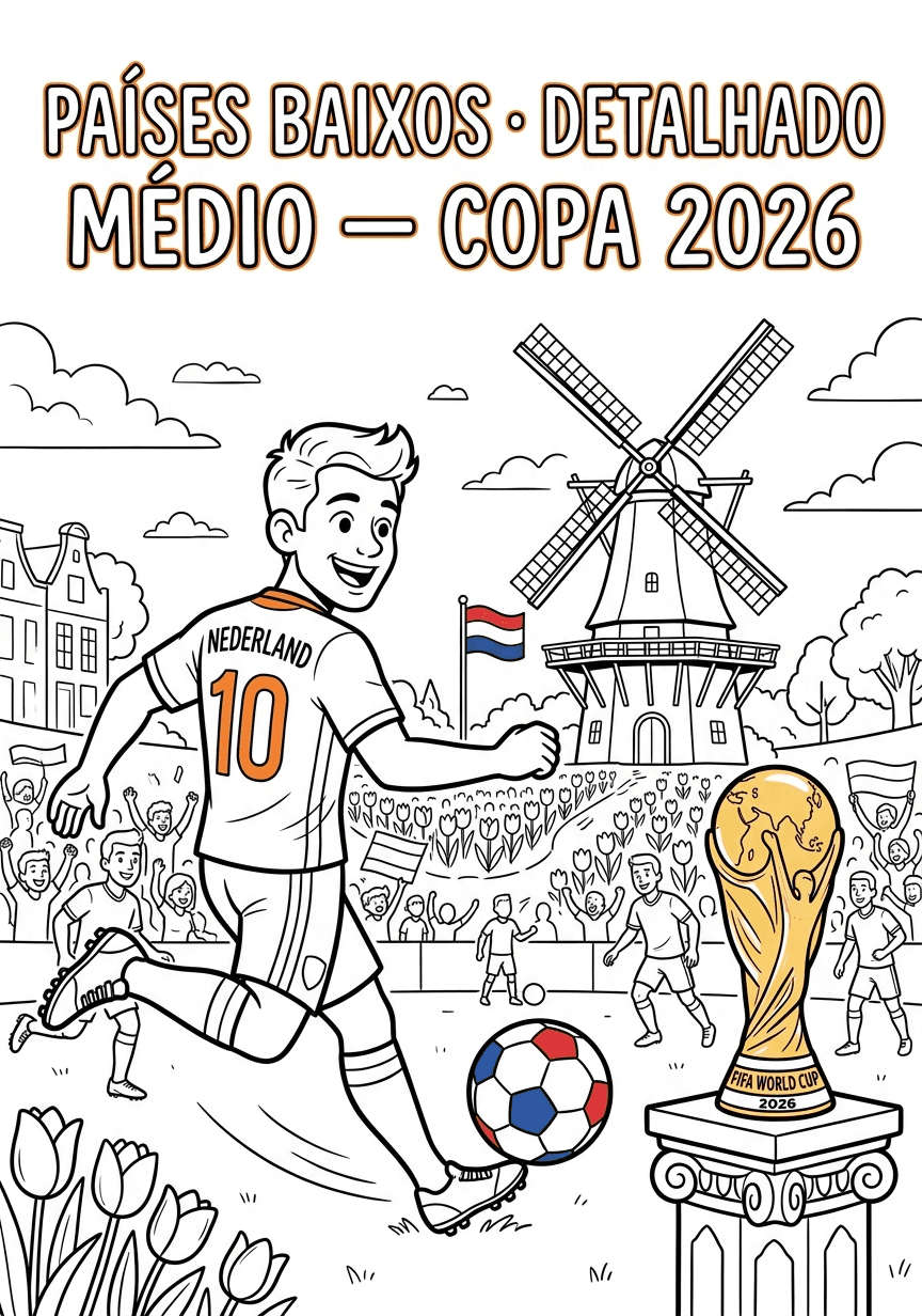 Capa do livro de colorir Países Baixos · Detalhado Médio — Copa 2026