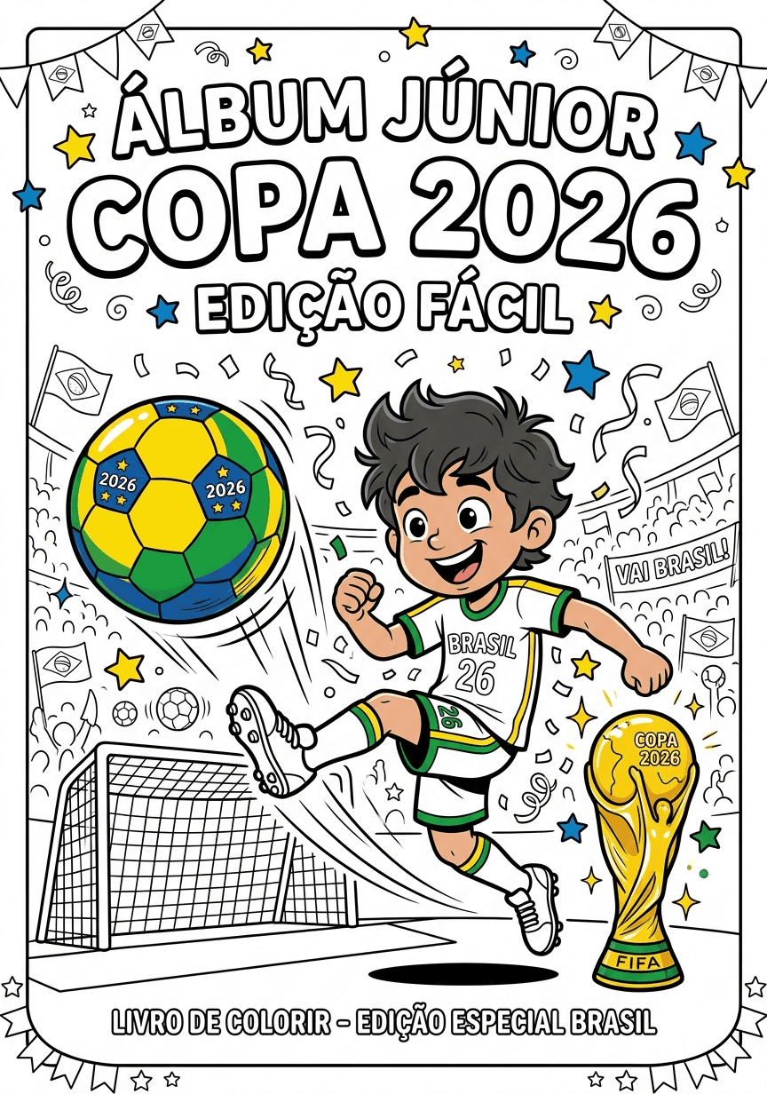 Capa do livro de colorir Álbum Júnior Copa 2026 — Edição Fácil