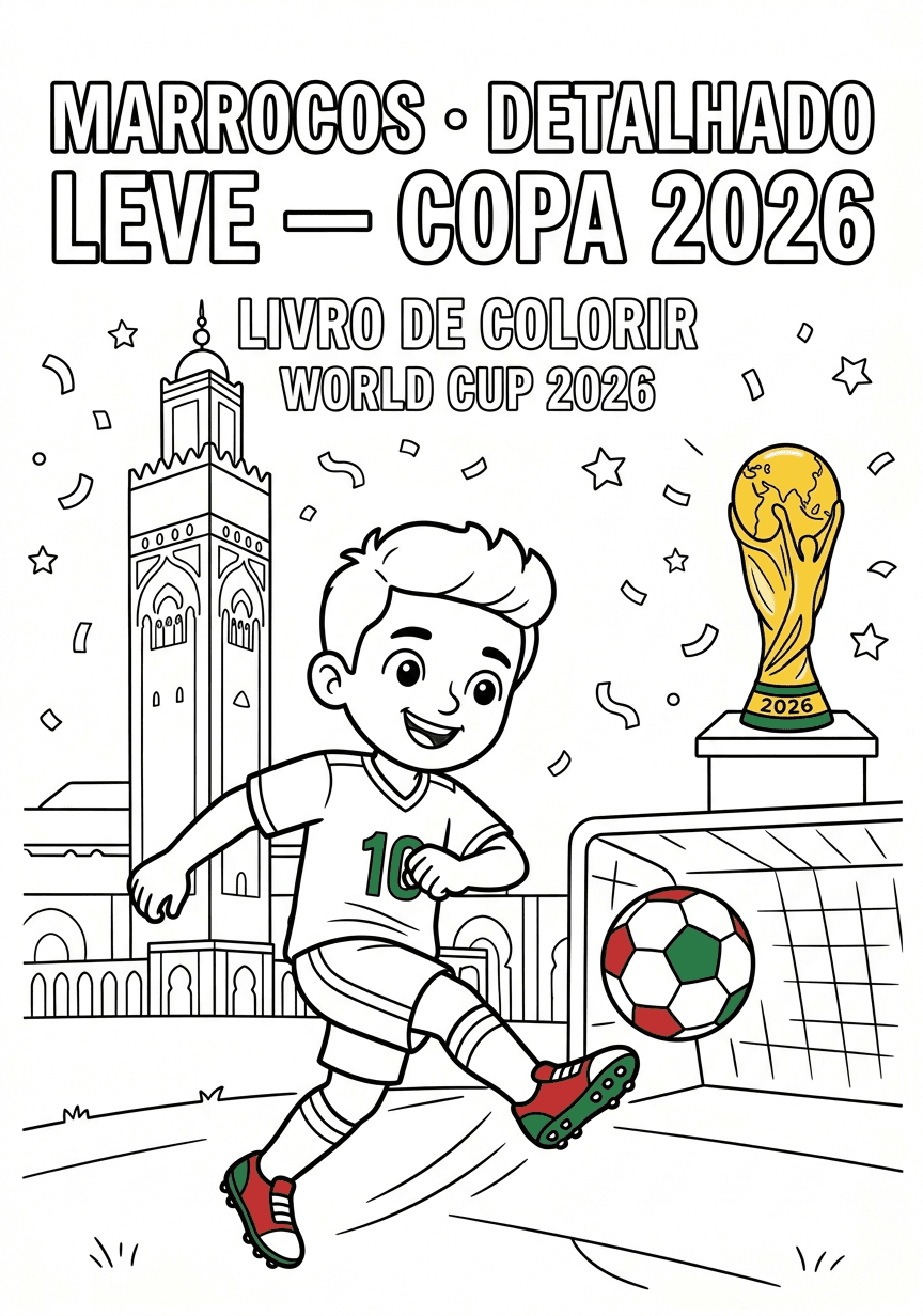 Capa do livro de colorir Marrocos · Detalhado Leve — Copa 2026