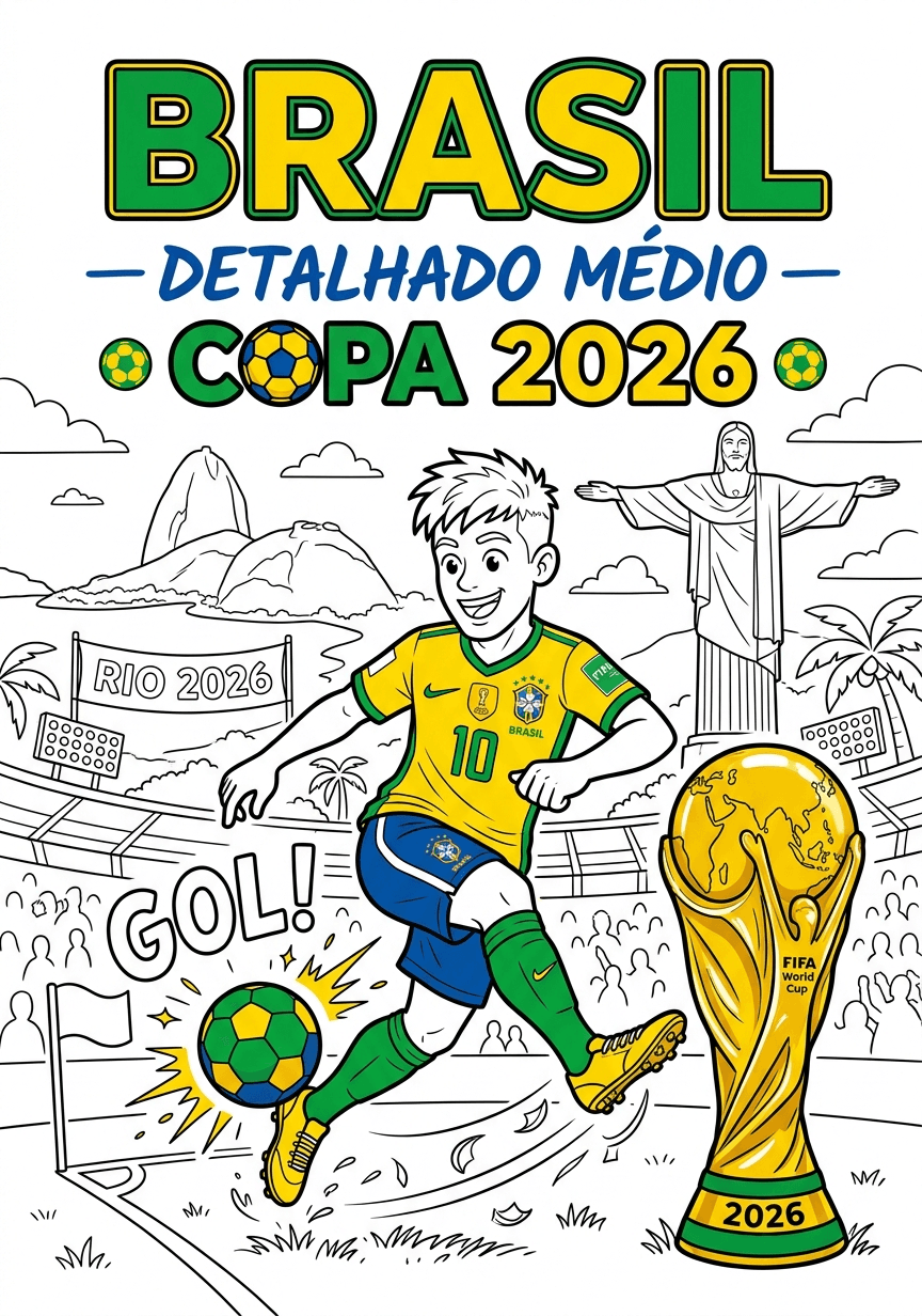 Capa do livro de colorir Brasil · Detalhado Médio — Copa 2026