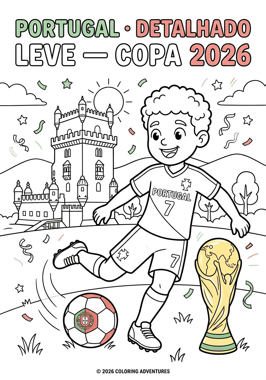 Capa do livro de colorir Portugal · Detalhado Leve — Copa 2026