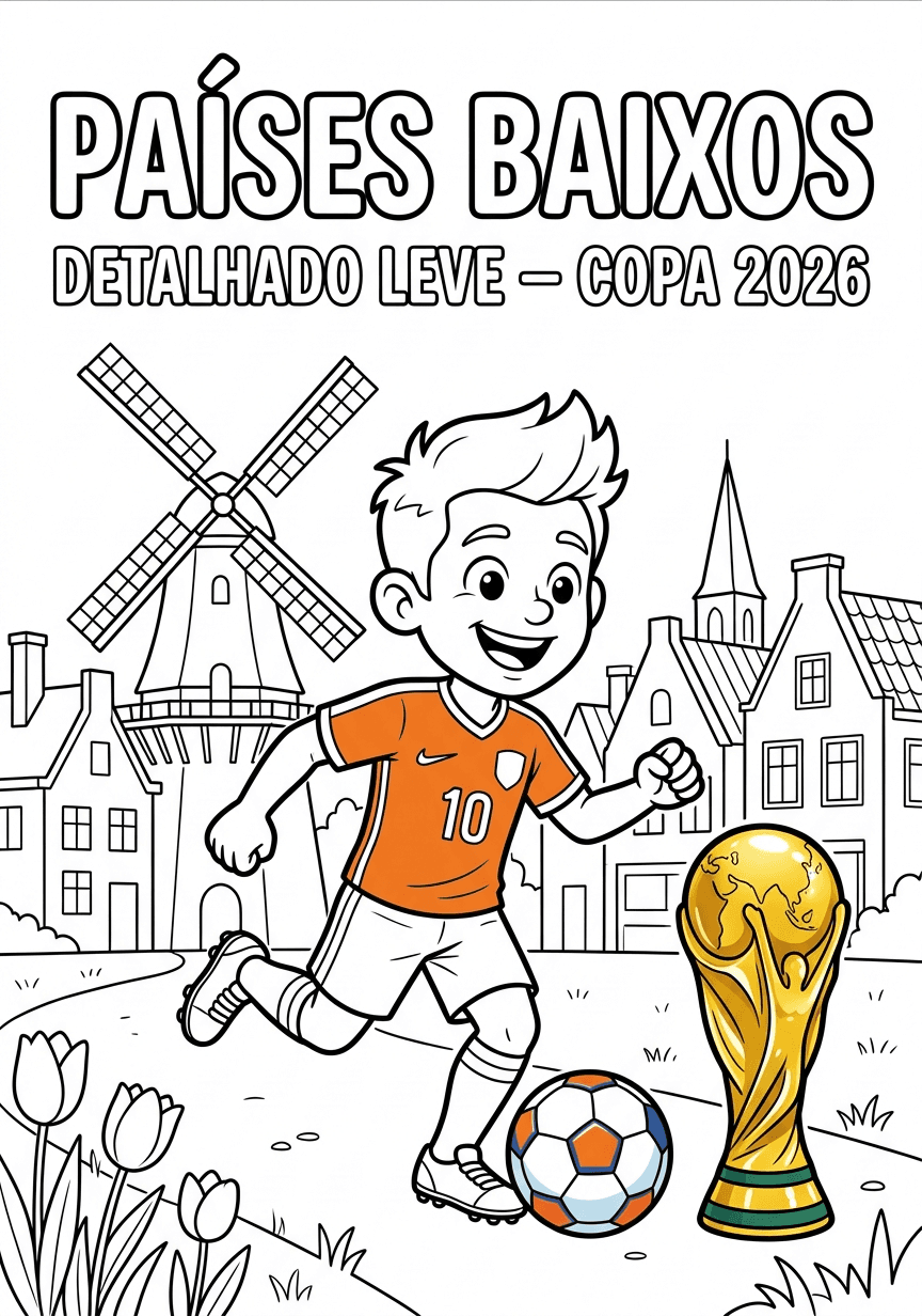 Capa do livro de colorir Países Baixos · Detalhado Leve — Copa 2026